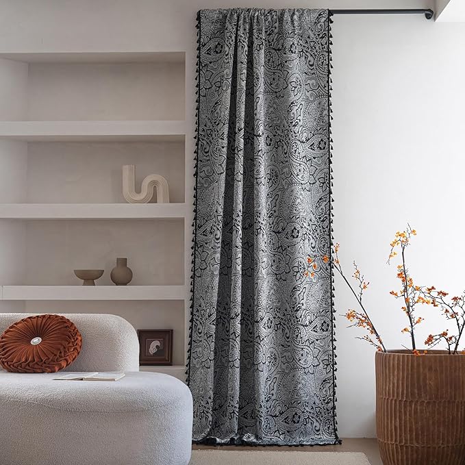 ENJOYBRIDAL Black Paisley 84 Inch Curtains for Bedroom Semi Sheer Drapes Light Filtering Living Room Rod Pocket Floor Length Window Curtains 2 Panel Sets Farmhouse Printed Jacquard Window Treatments