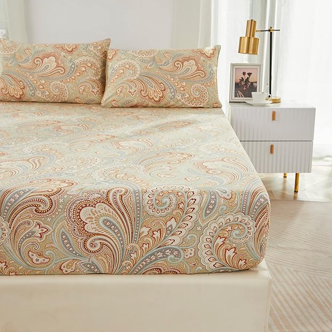Brandream Paisley Bedding Gold Classy Regal Themed Boho Bed Sheet Set Luxury Bedding Collections 800 Thread Count 100% Egyptian Cotton Deep Pocket, 4 Piece-King Size