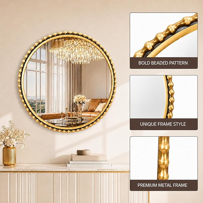 30 Inch Round Gold Bathroom Mirror – Antique Gold Beaded Frame, Large Vintage Decorative Wall Mounted Mirror for Vanity, Bedroom, Living Room, Entryway, 30" Round Gold Accent Mirror