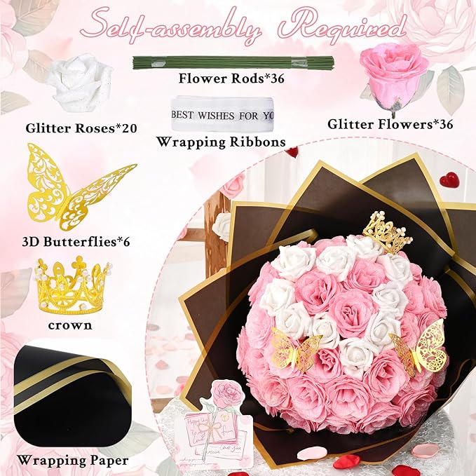36+20 Glitter Roses Bouquet, DIY Fake Flowers Bouquet, Craft the Initials of Your Loves' Name with Artificial Rose Bouquet for Valentines, Anniversary, Wedding, Mothers Day Gifts, Pink & White