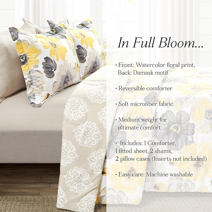 Lush Decor Leah Reversible Comforter Set, 6 Piece Set, Full/Queen, Yellow & Gray- Watercolor Botanical Comforter Queen Size-Farmhouse Florals Bedding Decor