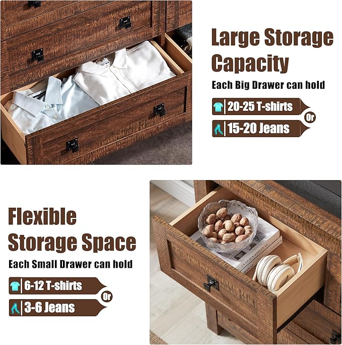 T4TREAM Farmhouse 7 Drawers Dresser for Bedroom, Wood Rustic Dresser Tv Stand, Storage Dressers Organizer for Bedroom, Living Room,Hallway, Reclaimed Barnwood