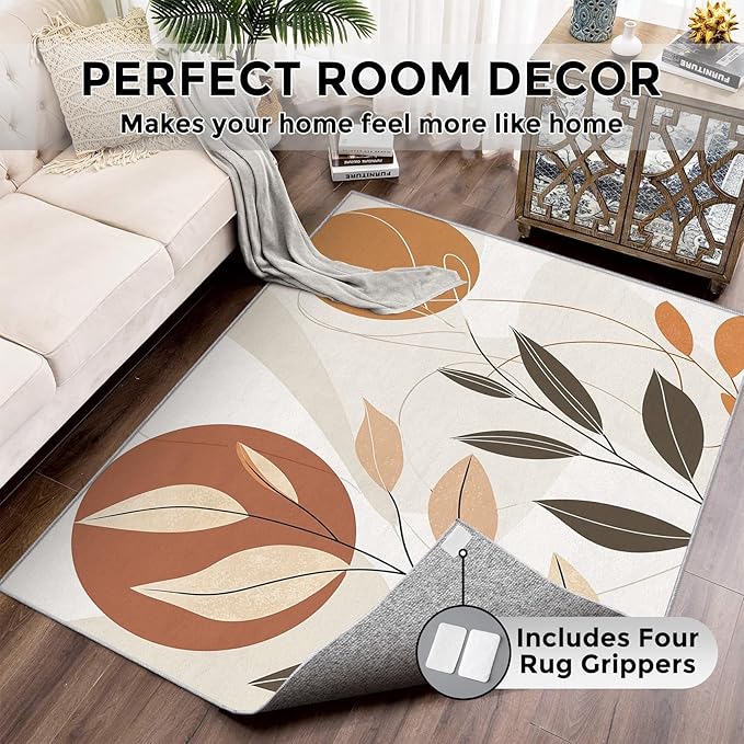 6x9 Abstract Leaves Rugs for Bedroom Decor, Washable Mid Century Modern Pattern Area Rug, Living Room Home Decoration, Non Slip Soft Thin, Modern Botanical Decor Carpet PF-P 117