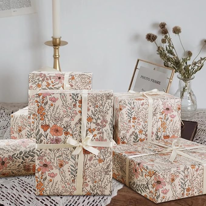 8 Sheets Vintage Wildflower Wrapping Paper - 19.7” x 27.6” Spring Floral Gift Wrap Paper for Girls, Women Birthdays, Baby Showers, Bridal Showers, Weddings, Valentine’s Day Party Celebrations