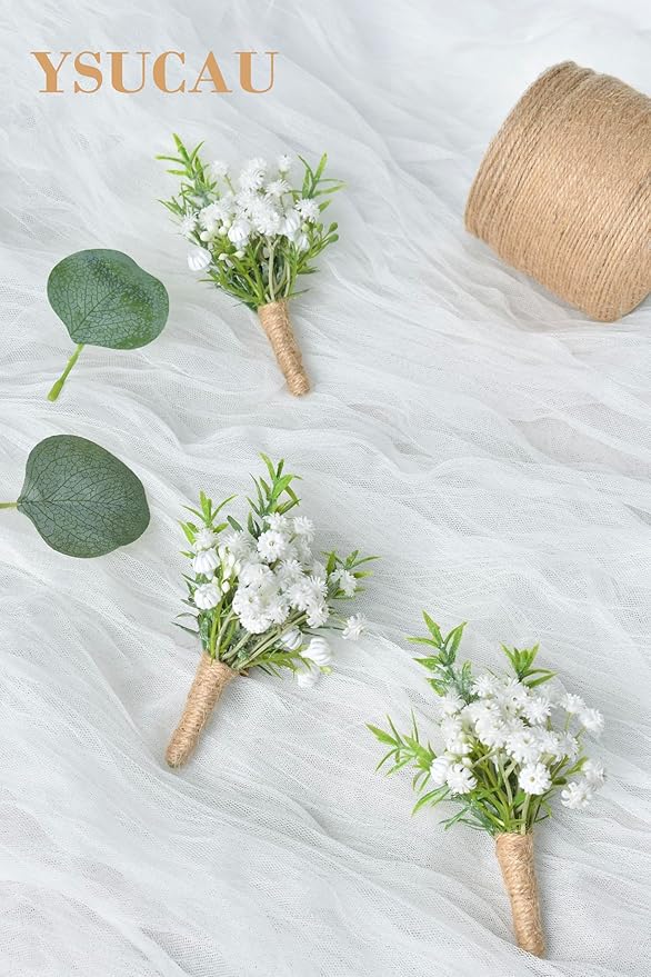 Baby Breath Boutonnieres for Men Wedding,Set of 2, Natural White Groom and Groomsmen Boutonniere with Pin for Rustic Fall Vintage Wedding, Prom and Homecoming