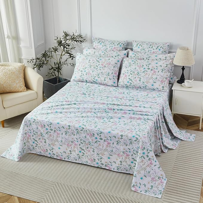 FADFAY Cal King Size Sheets Set 100% Cotton Vintage Floral Shabby Flowers & Leaves Pattern Farmhouse Bedding Set Deep Pocket Sheets with 2 Pillowcases Breathable Soft 4Pcs, Cal King