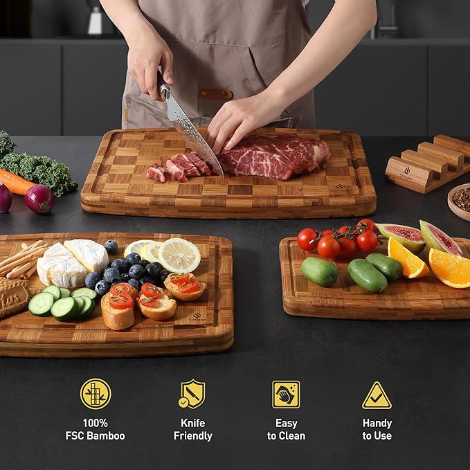 3 Pack Bamboo Cutting Board Set Non Toxic Wooden Cutting Board for Kitchen Non Slip Solid End Grain Thick Wood Juice Groove Chopping Board Edge Grain Teak Smart Marble Flexible Round Stone Metal