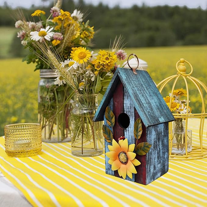 Rustic Decorative Bird House for Outside, Outdoor Hanging Wood Hand-Painted Bird House with Sunflower Decor, Wooden Hanging Garden Birdhouse Porch Yard Decor 9.37"X6.38"X4.25" (Red & Blue)