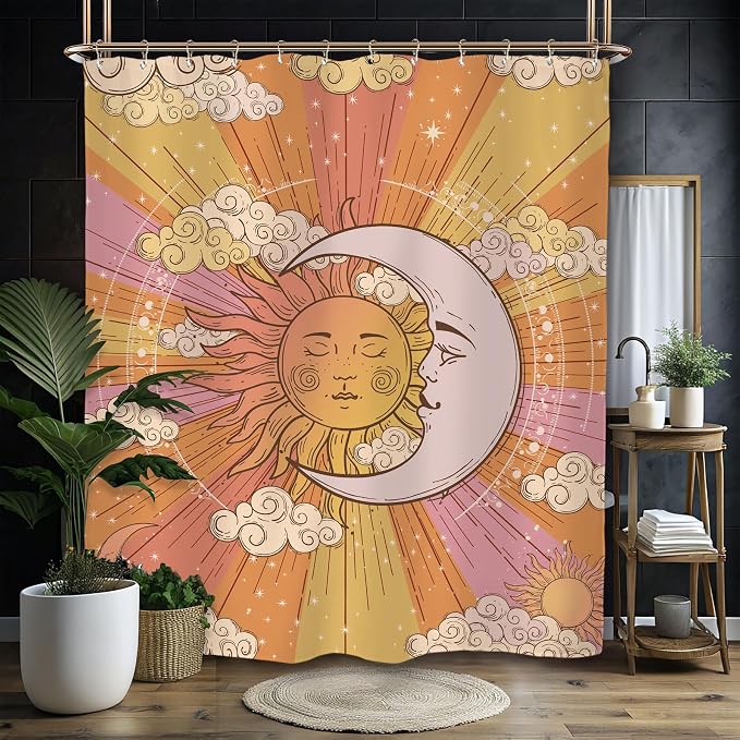 Miyotaa Sun Moon 70s Shower Curtain Set 60Wx71H Inches Celestial Vintage Witchy Abstract Aesthetic Polyester Waterproof Cloth Bathroom Curtain with 12 Hooks