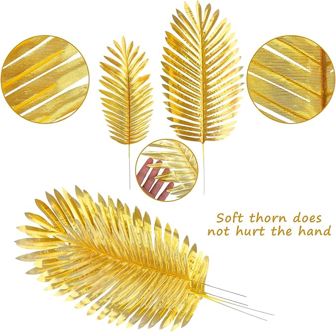 CCINEE 12 PCS Golden Artificial Palm Leaves, Assorted Sizes Faux Large Palm Fronds Fake Tropical Plant Simulation Safari Leaves with Stems for Home Hawaiian Luau Party Jungle Beach Theme Party