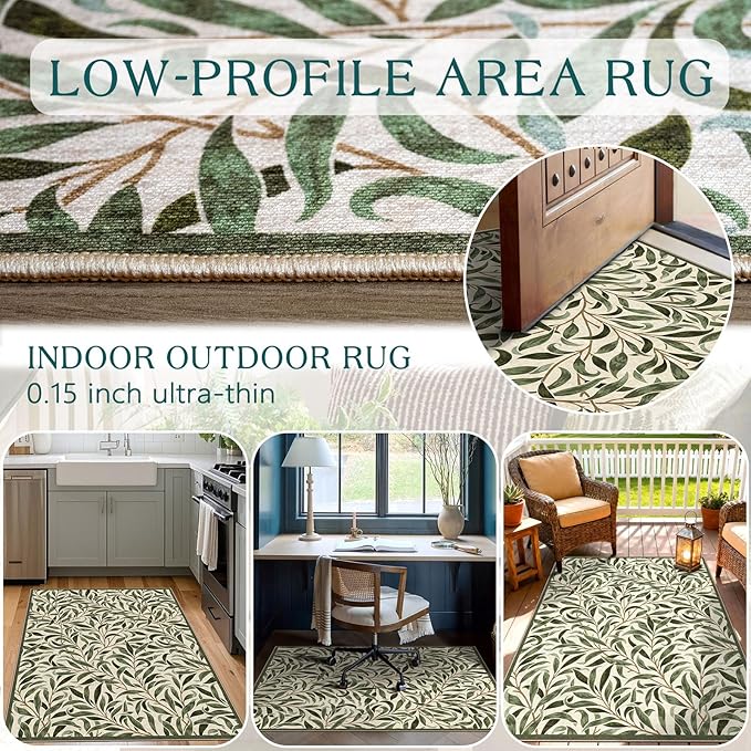 3x5 Boho Entry Rug - Small Washable Indoor Outdoor Mats for Front Door Non-Slip Porch Rug Sage Green Botaniacal Leaf Throw Rugs for Living Room Bedroom Entryway Kitchen Office Porch Decor