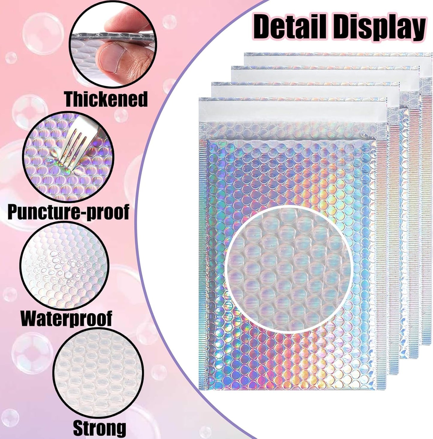 Skiennix Metallic Bubble Mailers - Waterproof Holographic Padded Envelopes | 50 PCS for Small Business Shipping