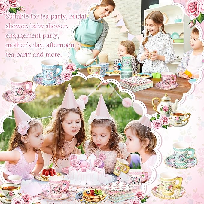 180 Pcs Floral Paper Tea Cups and Plates 9 OZ Disposable Paper TeaCups and Saucers with Tea Party Napkins Set for Tea Party Decoration Birthday Wedding Bridal Shower Party Supplies