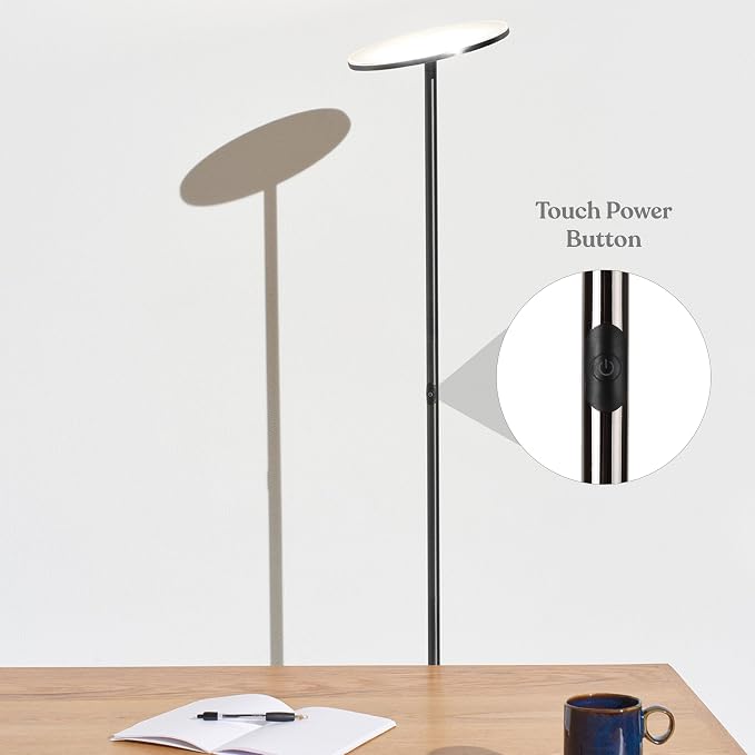 Brightech Sky LED Floor lamp, Torchiere Super Bright Floor Lamp for Living Rooms & Offices - Dimmable, Tall Standing Lamp for Bedroom Reading - Black Chrome