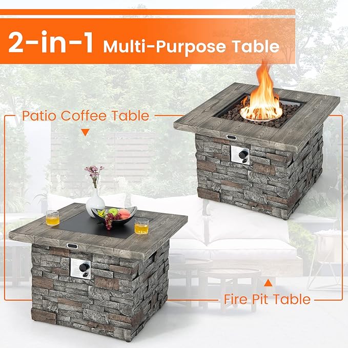 Giantex 34.5" Propane Gas Fire Pit Table - Patio 2-in-1 Outdoor Square Fire Table W/Volcanic Rock & PVC Cover, Stainless Steel Burner, 50,000 BTU Heat Output, Faux Stone Surface, Outside Fireplace