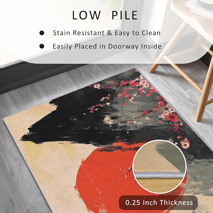 Japanese Runner Rug 3x12, Red Sun Cherry Blossom Mountain Landscape Design, Traditional Asian Art Area Rug, Washable Carpet Runner for Bedroom, Hallways, Kitchen Walkway, Dining Room Sideboard