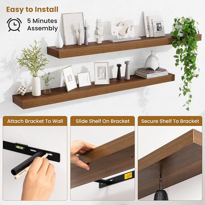 Fun Memories Floating Shelves 48 Inch, Extra Large Wood Shelf Set of 2, Hanging Wall Shelves for Bathroom, Living Room, Kitchen, Bedroom, Walnut