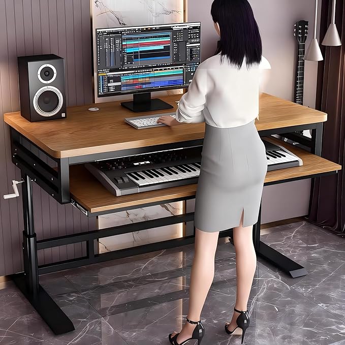 Studio Desk with Keyboard Tray | Hand-Crank Adjustable Standing Desk Workstation for Music Production, Cable Management, MIDI Keyboard Shelf (Natural, 55In)