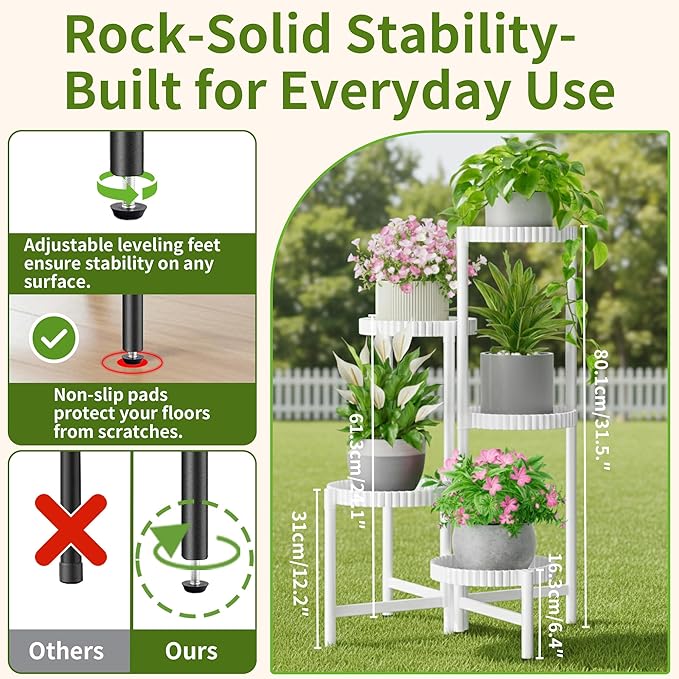 5 Tier Large Plant Stand Indoor with 7.9 Inch Wide Tray, Tiered Corner Metal Outdoor Flower Display Holder Shelf, Folding Tall Rack for Patio Porch Living Room Balcony - WhiteFloroma
