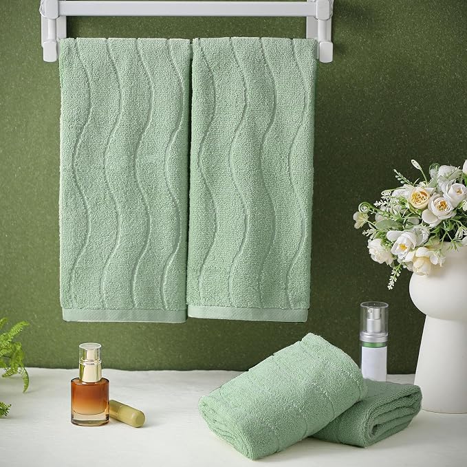 VitalCozy 4 Pcs Bathroom Hand Towels Set Light Green Wavy Striped Jacquard Towels 14x29 Inch 100% Cotton Soft Absorbent Decorative for Guest Bathroom Kitchen