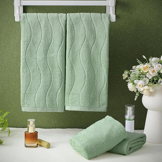 VitalCozy 4 Pcs Bathroom Hand Towels Set Light Green Wavy Striped Jacquard Towels 14x29 Inch 100% Cotton Soft Absorbent Decorative for Guest Bathroom Kitchen