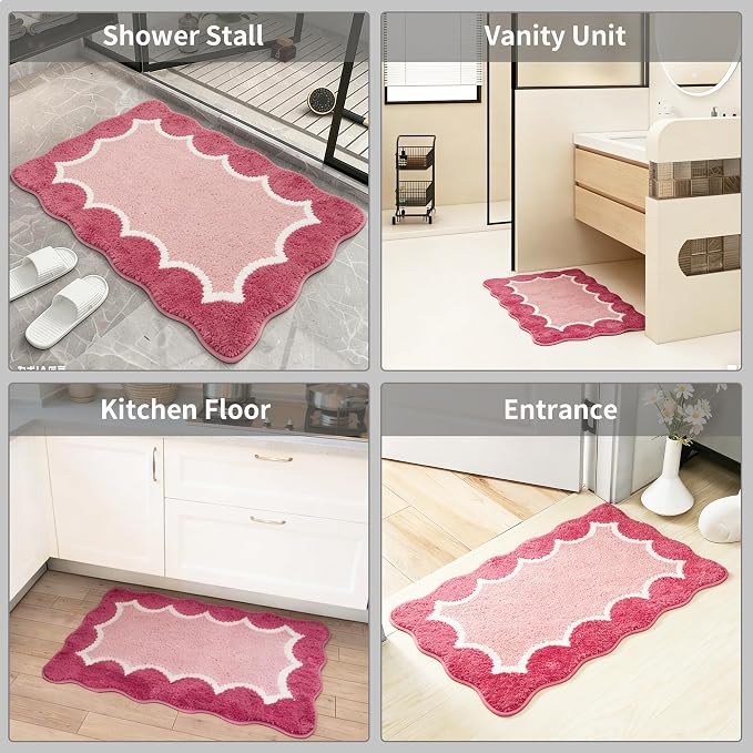 Cute Scalloped Rose Pink Bathroom Rugs Mat,Non Slip Absorbent Quick Dry Bath Mats for Shower Room,Microfiber Bath Mats for Bathroom Floor Washable Carpet for Shower Tub Sink Bedroom,20"x32"