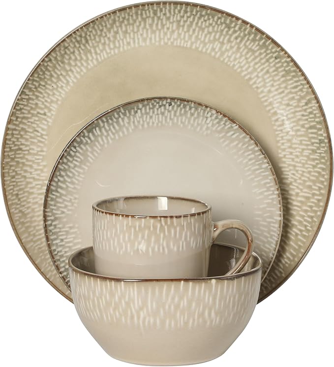 Gibson Elite Jasper 16 Piece Plates and Bowls Reactive Glaze Dishes Stoneware Ceramic Dinnerware Set - Service for 4 - Taupe
