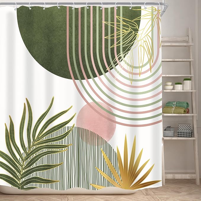 KOMLLEX Mid Century Sage Green Pink Boho Shower Curtain 72Wx72L Inches Abstract Modern Shower Curtains for Bathroom Plant Botanical Minimalist Arch Sun Fabric Liner Waterproof Polyester 12 Pack Hooks