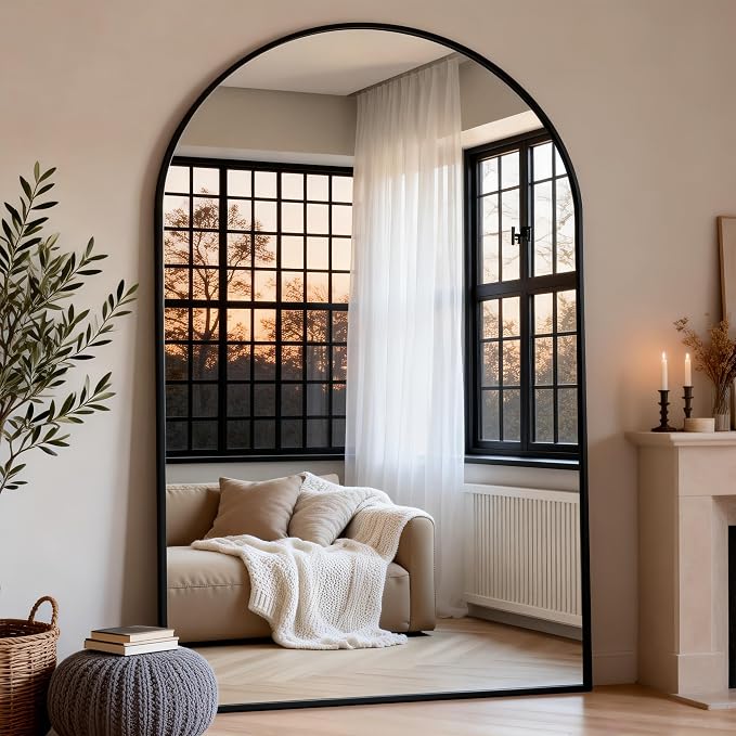 Dewfig Arched Full Length Mirror, 86"x46" Large Floor Mirror with Stand, Oversized Full Body Mirrors for Standing/Leaning/Hanging, Wall Mounted Mirrors for Bedroom, Living Room,Dressing Room, Black