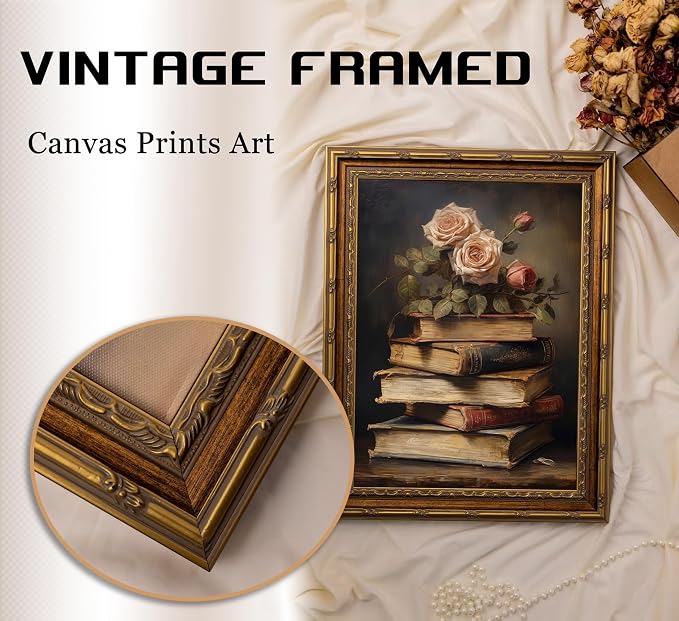 Vintage Gold Framed Retro Floral Books Wall Art Flowers Book Wall Decor Rose and Books Painting Pictures Retro Literary Pictures Artwork for study Gallery Living Room Bedroom 16X24in