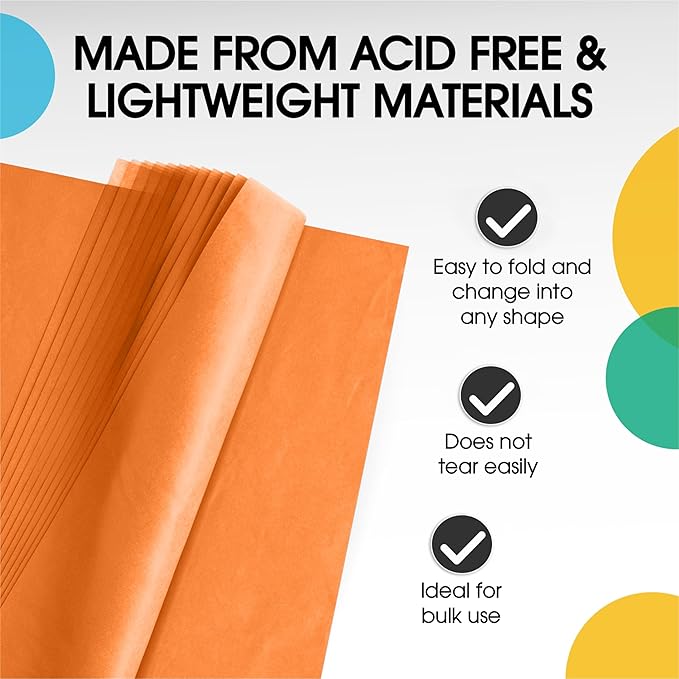 Party Solids Orange Tissue Paper for Gift Bags - 15" X 20" Bulk Tissue Paper Orange 480 Sheets - 10lb Newsprint for Packing, Birthday Gift Box Filler, Packing Supplies for Moving Supplies