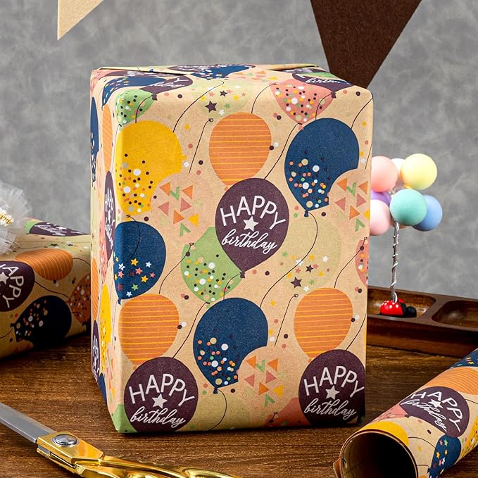 MAYPLUSS Birthday Wrapping Paper Roll, Colorful Ballon Kraft Happy Birthday Gift Wrap for Boys Girls Men Women 17 IN x 16.4 FT