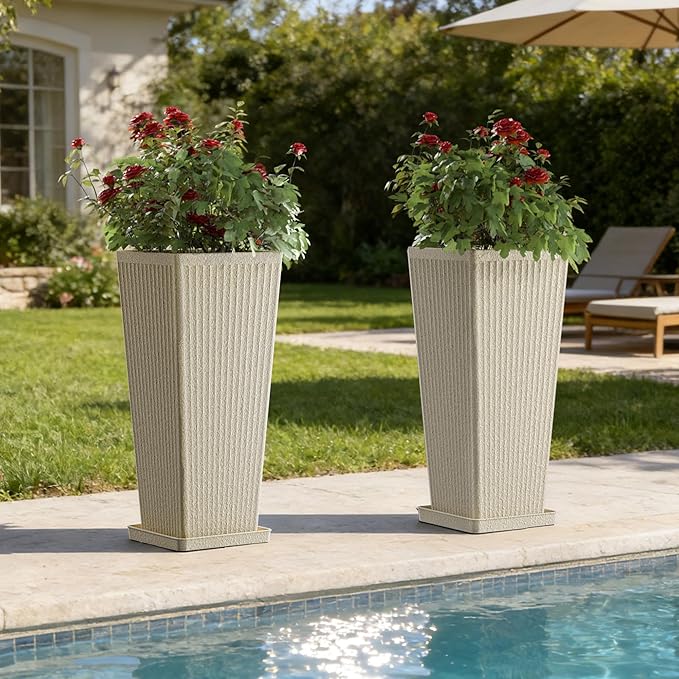Square Tall Planters for Outdoor Plants Set of 2-23.6" Heavy-Duty Classic Tapered Indoor Flower Pots with Drainage Holes/Partition/Tray, Large Outdoor Planters for Porch Patio Garden, Beige