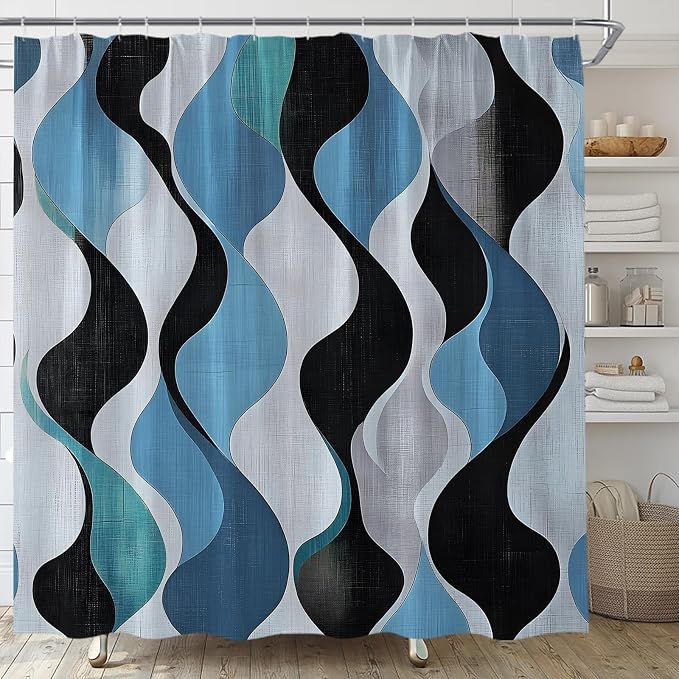 Mid Century Shower Curtain Boho Minimalist Modern Abstract Aesthetic Geometric Striped Atomic Retro Earthy Fabric Bathroom Decor Set with Hooks(67" Wx70 H)