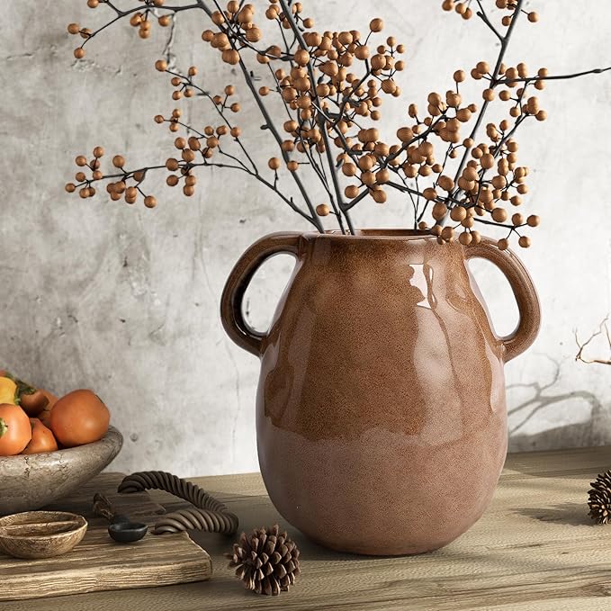 Antique Brown Ceramic Vase with Handles, Rustic Farmhouse Decor, 7 Inch Glazed Pottery Flower Vases for Home Decor, Handmade Decorative Vase for Flowers, Bouquet, Table, Kitchen, Living Room