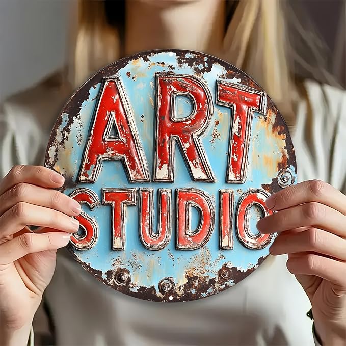 Room Decor 1pc Vintage Art Studio Metal Sign, Frameless Aluminum Wall Decor, 8x8 inches, Waterproof & Weather Resistant, with Pre-Drilled Holes for Easy Mounting, Living Room, Garage