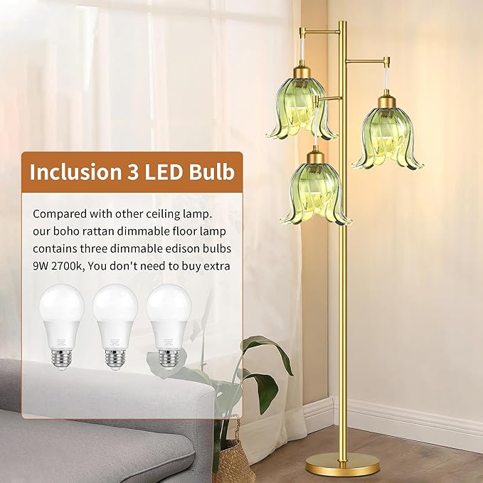 QIYIZM Gold Floor Lamp for Living Room,Bedroom,Tree 3 Light Standing Lamp Mid Century Modern Brass Tall Floor Lamps Vintage Retro Floor Lights Green Glass Flower Lamp Shade Farmhouse Boho Bohemian