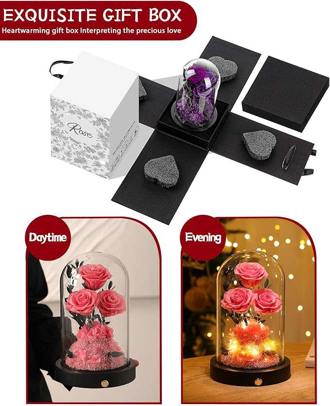 Christmas Flowers Roses Gifts for Mom,Forever Real Preserved Roses in Glass Dome,Christmas Anniversary Thanksgiving Gifts for Wife Girlfriend Women Best Friend GrandmaPink Rose