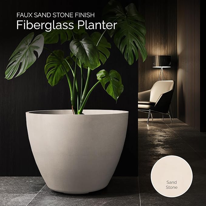 Lupo Tapered Planter – Sand Stone Finish – Fiberglass Indoor/Outdoor and Weather-Resistant Large Planter (32.3" D x 24.6" H Exterior, 30.7" D x 24" H Interior)