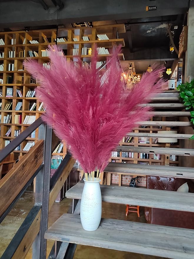 Premium Faux Pampas Grass Decor Tall & Fluffy, No Assembly Needed Long Pampas, Burgundy Red Large Floral, Elegant Feather Flowers for Wedding Decor(Faux Claret Red, 8pcs 43.3"(110cm))