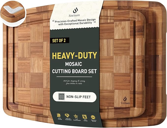 2 Pack Heavy Duty Bamboo Cutting Board Set Non Slip Over Sink Solid Thick Wood Chopping Board End Grain Extra Large Big Small Best Organic Hardwood Wooden Kitchen Essential New Home Housewarming Gift