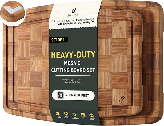 2 Pack Heavy Duty Bamboo Cutting Board Set Non Slip Over Sink Solid Thick Wood Chopping Board End Grain Extra Large Big Small Best Organic Hardwood Wooden Kitchen Essential New Home Housewarming Gift