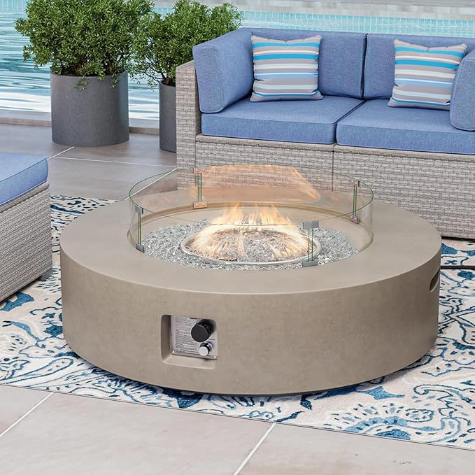 COSIEST Outdoor Propane Fire Pit Coffee Table w Gray 42 inch Round Base Patio Heater, Certified, 50,000 BTU Stainless Steel Burner, Wind Guard, Transparent Gray Fire Glass, Rain Cover