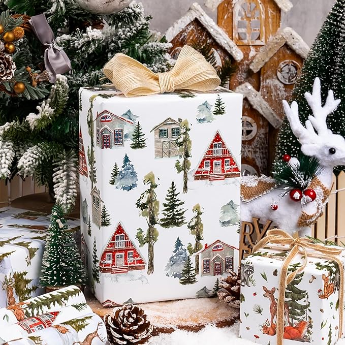 MAYPLUSS Christmas Wrapping Paper - 17" X 120" Per Roll - Vintage Watercolor Christmas Cottage, Wild Deer & Happy Polar Bears Gift Wrap Paper Winter Forest Landscape Design for Holiday