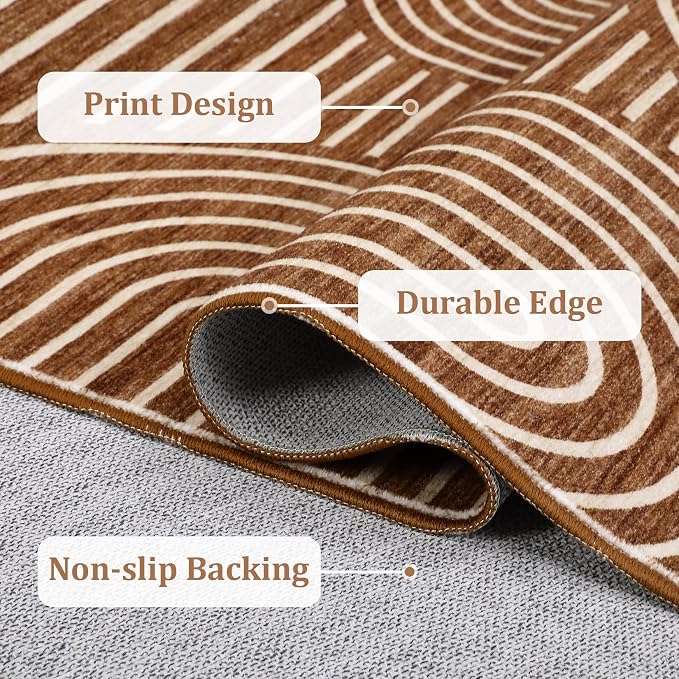 Washable Brown Runner Rug 2x6 Non Slip Bathroom Rugs Non Shedding Abstract Lines Runners for Hallway Low Pile Kitchen Rugs Soft Bedside Rug Runner for Kitchen Hallway Entryway, Brown