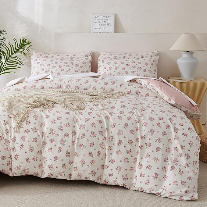 Flower King Comforter Set Soft 3 Pieces Chic Crinkle Gauze Fabric Garden Style Floral Print Botanical Comforter for All Seasons Luxury Warmth Comfy Breathable with 2 Pillowcases