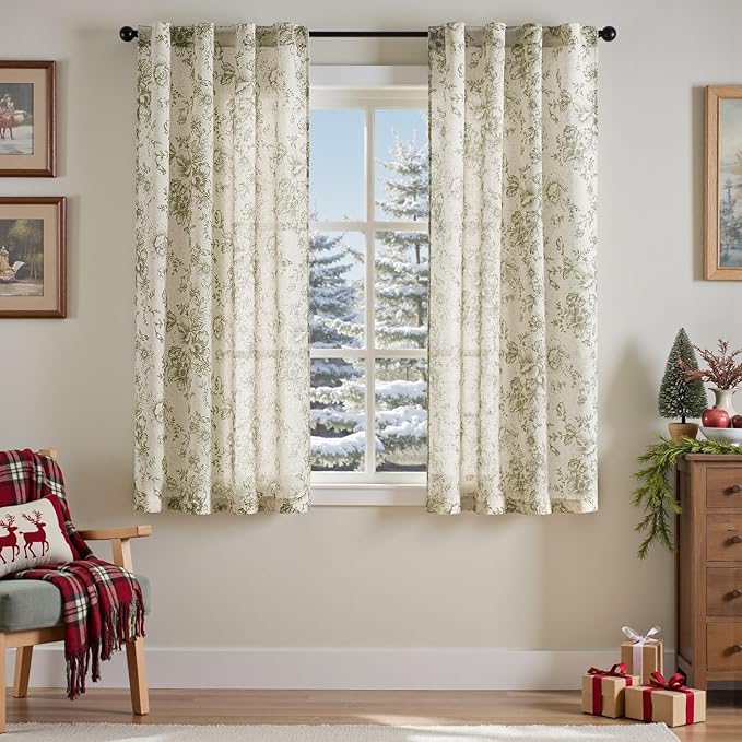 jinchan Linen Floral Curtains 63 Inch Length for Living Room Bedroom Light Filtering Farmhouse Peony Flower Drapes Rustic Window Curtain Set Rod Pocket Back Tab 2 Panels Green
