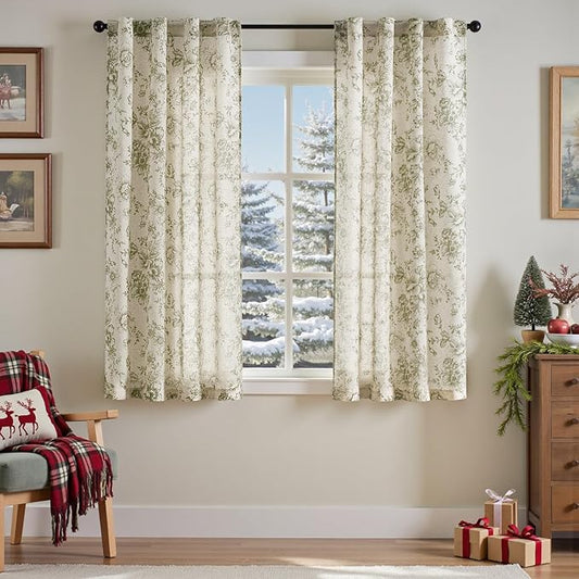 jinchan Linen Floral Curtains 63 Inch Length for Living Room Bedroom Light Filtering Farmhouse Peony Flower Drapes Rustic Window Curtain Set Rod Pocket Back Tab 2 Panels Green