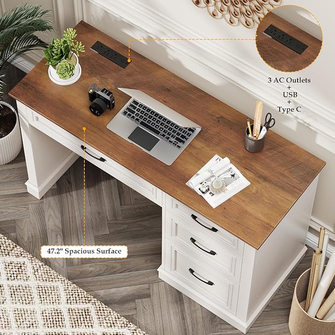Farmhouse 47" Executive Desk, Computer Desk with Drawers and File Drawer, Workstation Computer Desk with Charging Station for Home Office,Study (Unique White)