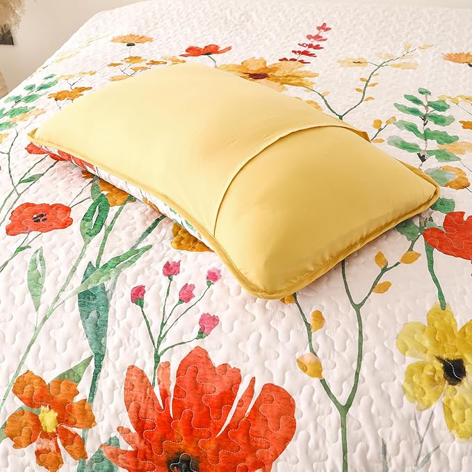Anibedding Quilt Set Full Size, Yellow Floral Reversible Bedspread Soft Microfiber Lightweight Full Quilt Bedding Sets Reversible Coverlet for All Season(78"x90")